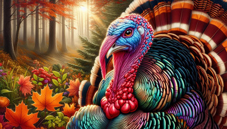 Thanksgiving turkey in the forest with colorful autumn leaves - 3d illustration