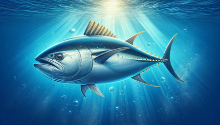 Tuna in deep blue ocean. 3D illustration. Elements of this image furnished by NASA