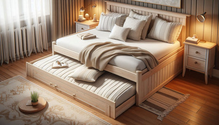 3d render of a double bed in a room with wooden furniture