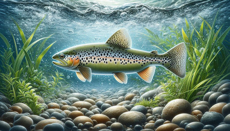 Rainbow trout in the water. 3D illustration. Natural background.