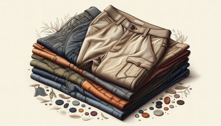 Pile of jeans and brown leather bags. Hand drawn illustration.