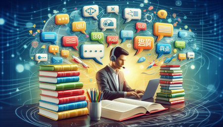 Young man in headphones using laptop and colorful icons flying out of it