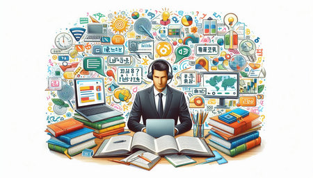 Illustration of a young man with a laptop and a lot of icons around him