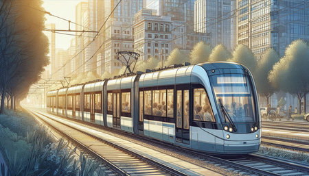 Modern tram in the city. Modern urban transport. 3D rendering