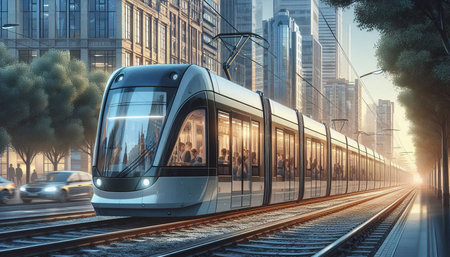 Modern tram on the background of the modern city. 3d renderingの写真素材