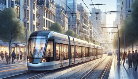 Modern high-speed train in the city at sunset. 3d rendering