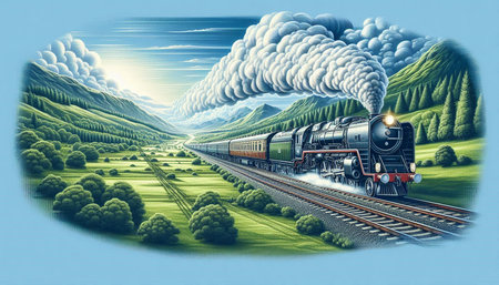 Steam locomotive in the countryside. Digital painting. Vector illustration.