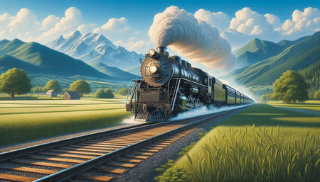 Vintage steam train in the countryside. 3D illustration. Retro style.