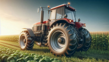 Red tractor on the field with sunflowers. 3d render