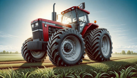 Tractor on the field. 3d render. Agricultural machinery.