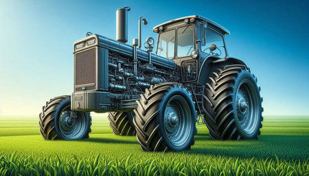 Big tractor on green field with blue sky background. 3d render