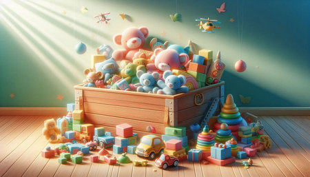 Wooden box full of toys on the floor, 3d render