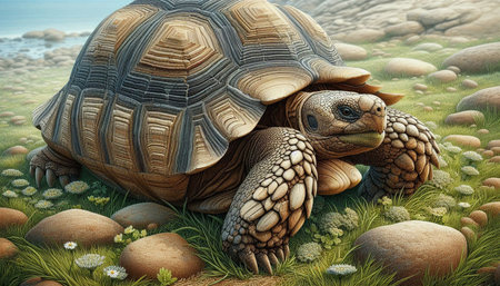 3D rendering of a tortoise on a grassy meadowの写真素材