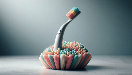Toothbrush with multicolored toothbrushes on gray backgroundの写真素材