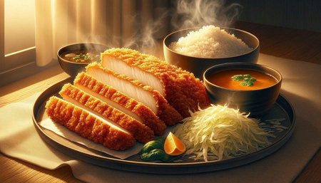Japanese food, fried pork cutlet with rice and sauce in a restaurant