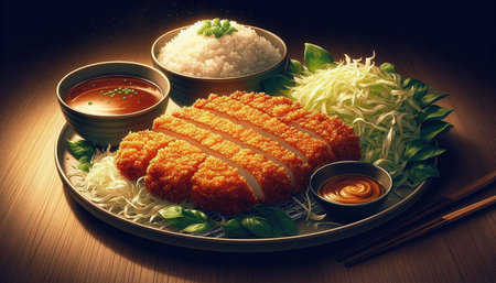 Japanese food, fried pork cutlet with rice and kimchi