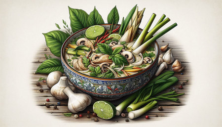 Vietnamese soup with vegetables and mushrooms in a bowl on wooden background