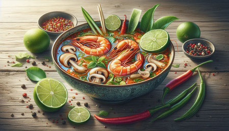 Tom yum soup with shrimp, lime and chili on wooden background