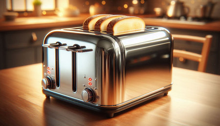 Toaster with bread on table in kitchen. Concept of tasty food