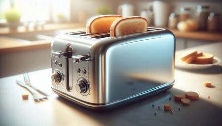 Toaster with bread on table in kitchen. 3d rendering.