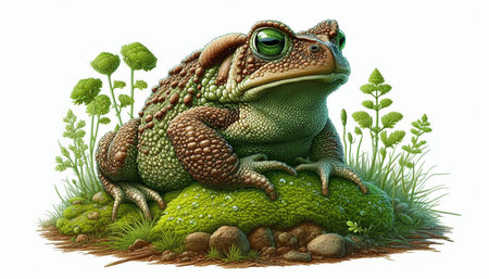3D rendering of a green toad sitting on a mossy rock
