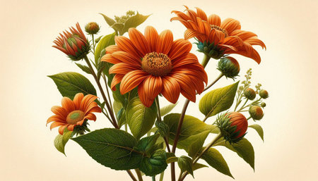 Autumn bouquet of bright orange flowers and green leaves on a light background