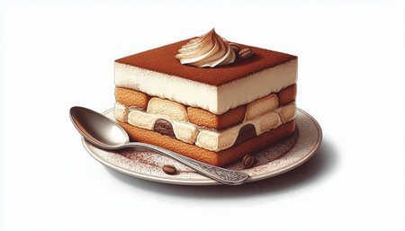 Tiramisu cake on a plate with a spoon on a white background