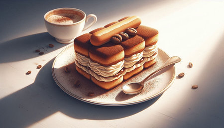 Dessert tiramisu on a plate with a cup of coffee