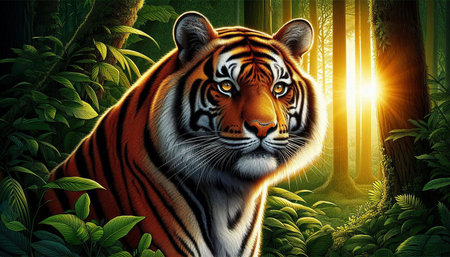 Tiger in the jungle with sun rays and green leaves background.