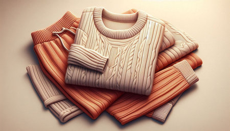 Folded warm sweaters on beige background. Toned.