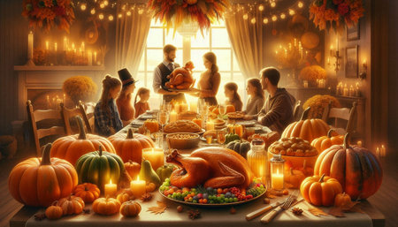 Thanksgiving dinner party with roasted turkey and family in traditional dining room
