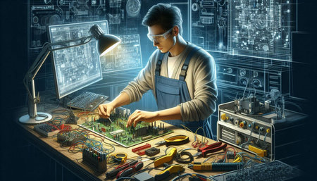 Technician repairing electronic circuit with laptop and tablet. 3D rendering