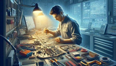 Technician repairing electronic device in his office. Mixed media. Mixed media