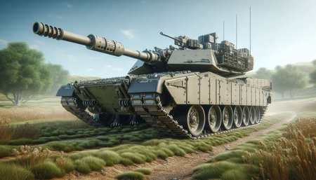 3D rendering of a tank in the desert with trees in the background