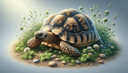 tortoise in the grass on a gray background. 3d illustration
