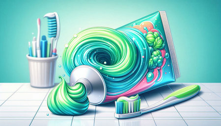 Toothbrush and toothpaste on blue background. 3d illustration