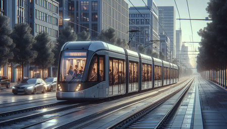 Modern urban tram in the city at night. 3D Rendering