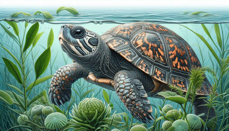 Turtle in the water. 3D rendering. Computer digital drawing.