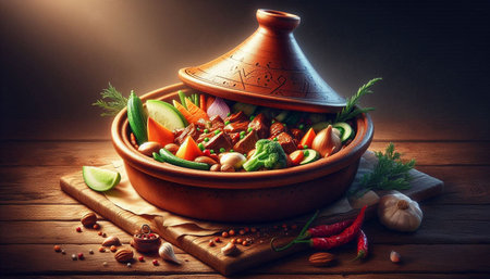 Vegetable stew with meat and vegetables in clay pot on wooden table