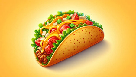 Taco with vegetables and cheese on yellow background. Vector illustration.の写真素材
