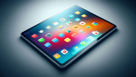 Tablet pc with colorful application icons on it. 3D rendering