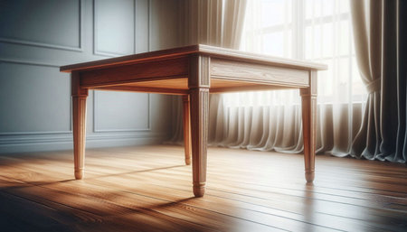 Wooden table in the interior of the room. 3d rendering