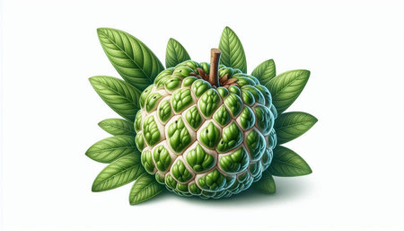 Custard apple with green leaves on white background. Vector illustration.