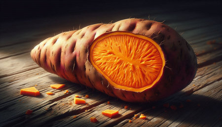 Sweet potato on a wooden table. Vintage style. Toned.の写真素材