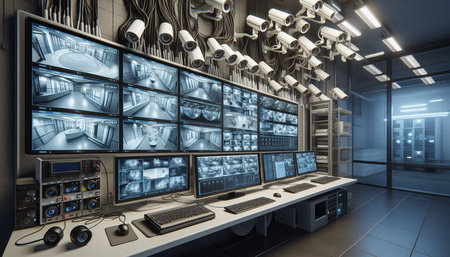 3D rendering of a modern control room with security cameras and screens