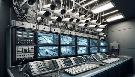 CCTV security camera in control room. 3D Rendering.