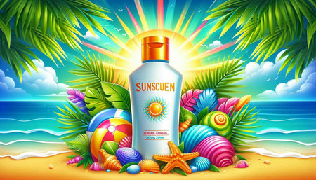 Sunscreen lotion with tropical beach background. Vector illustration EPS10