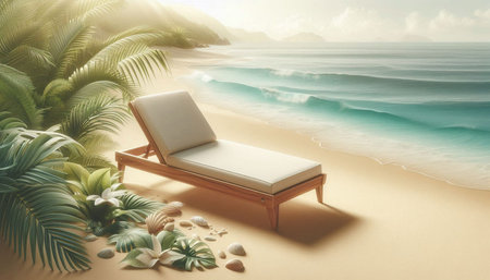 Beach chair and palm leaves on the beach. 3D rendering