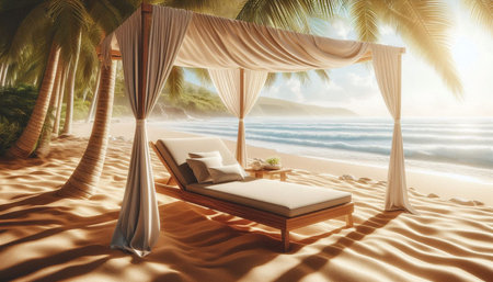 Beautiful tropical beach with chaise longue. 3d rendering