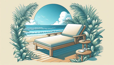 Illustration of a deck chair on the beach in the tropics